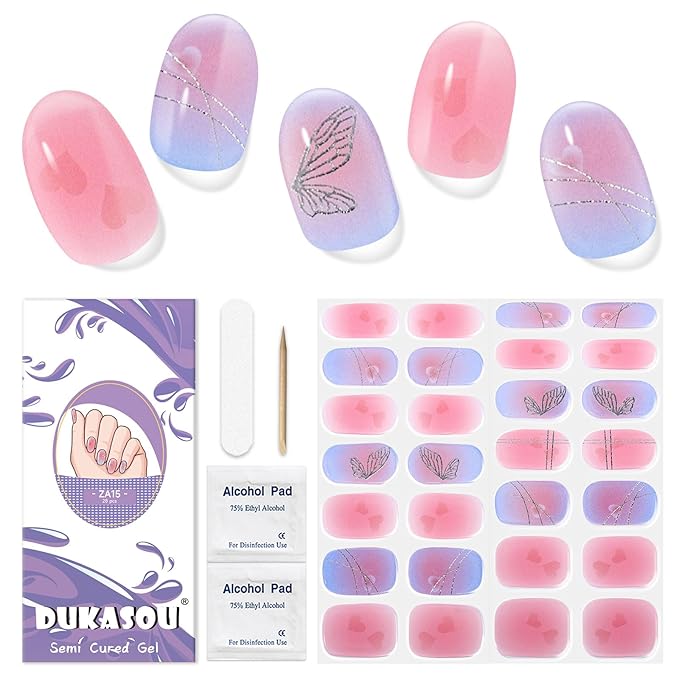 Semi Cured Gel Nail Strips, 28 pcs Gel Nail Stickers Work with Any UV Lights, Long-Lasting Nail Wraps, Stick on Nails for women Easy to Apply & Remove