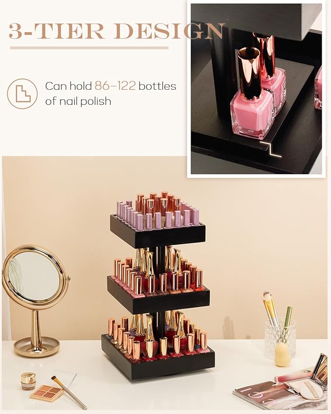 Homde Nail Polish Organizer for 86-123 Bottles, 360 Rotating Nail Polish Rack Holder, Display Storage Shelf for Fingernail Stand and Essential Oil, Gifts for Women Girls- Bamboo,Black