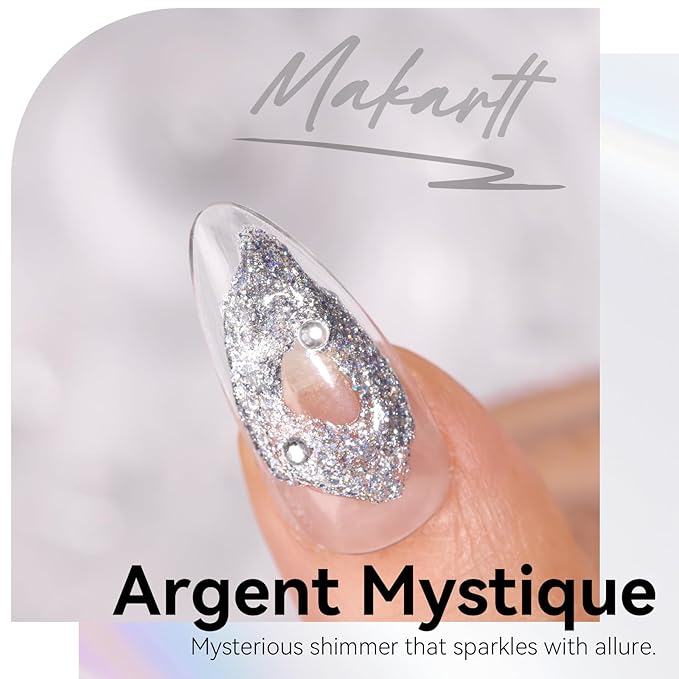 Makartt 3D Nail Gel Sculpting Gel: Argent Mystique Glitter Silver No Wipe UV Nail Gels for Nails Design, 5g Fairy Aurora Powder Gels, Glitter Mermaid 3D Nails Charms