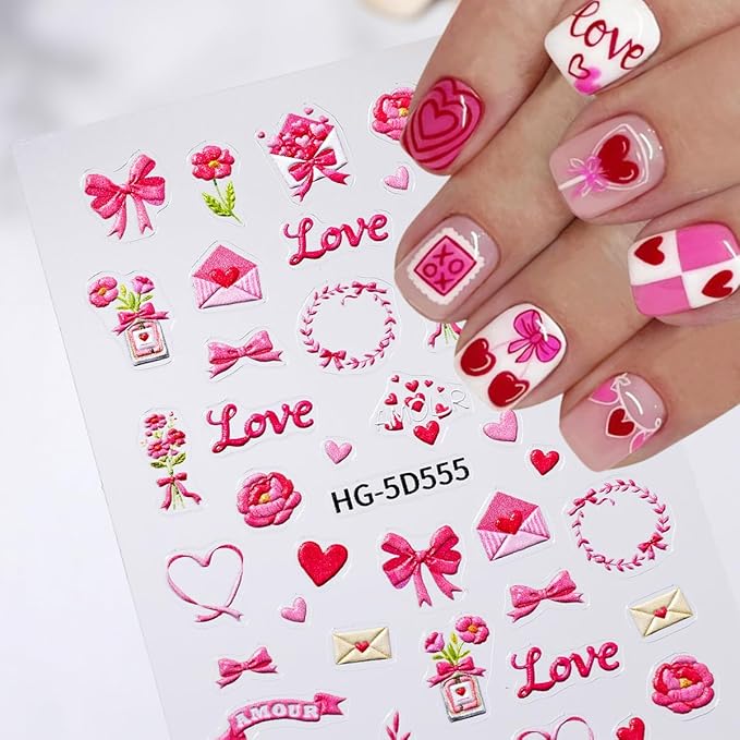 2Sheets 5D Valentines Nail Art Stickers Embossed Love Letter Rose Flower Design Cute Nail Decals Romantic Heart Nail Stickers Self Adhesive Wedding Nail Art Supplies Accessories for Women Manicure