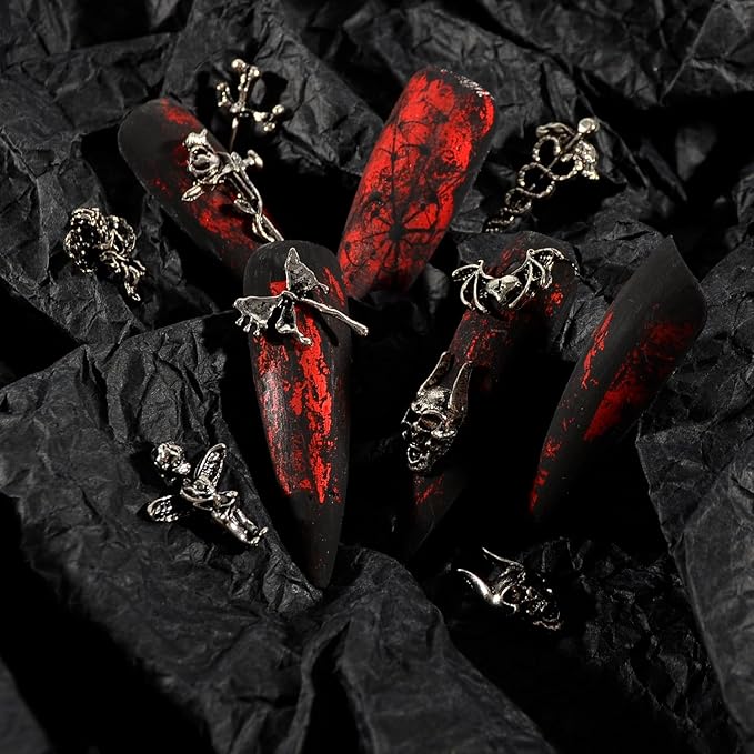24Pcs/Box Halloween Nail Charms Decorations 3D Vintage Punk Skulls Cross Nail Art Charm Metal Alloy Halloween Nail Design for Manicure Craft DIY Nail Art Accessories
