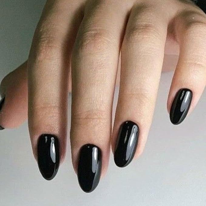 modelones Black Short Press on Nails, Oval Fake Nails Kit Press Ons with Nail Glue, Adhesive Tabs, Nail File, Prep Pad, Manicure Stick, 32Pcs 16 Sizes, Women Girl Gift