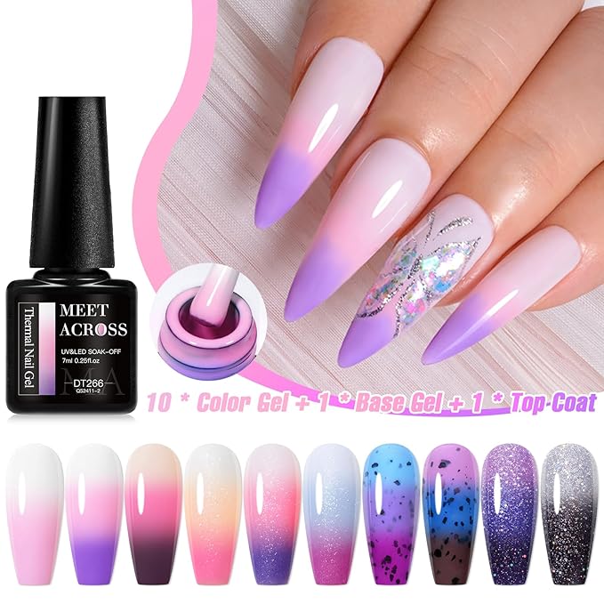 MEET ACROSS 12PCS Thermal Nail Gel Polish Kit, Temperature Shiny Color Changing Gel Polish Set, Soak Off UV Sequins Mood Changing Gel Polish Nail Art DIY Salon Manicure Gifts