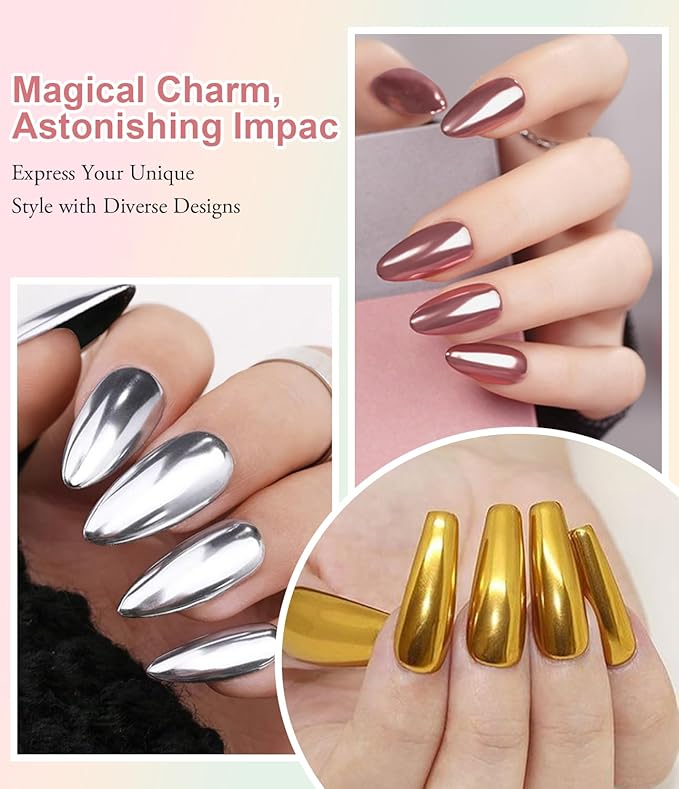100% Chrome Nail Powder BISHENGYF: Super NO.1 Metallic Effect Chrome Powder For Nails Gold Silver Red Laser Holographic White Pearl Nai l Chrom e Powde r for Nails Art Decoration