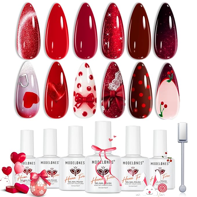 modelones Red Gel Nail Polish Set 6 Colors Burgundy Cherry Dark Red Cat Eye Glitter Color Changing 2026 Spring Hema&TPO Free Gel Polish Kit with Magnet Soak Off Nail Art DIY Gifts