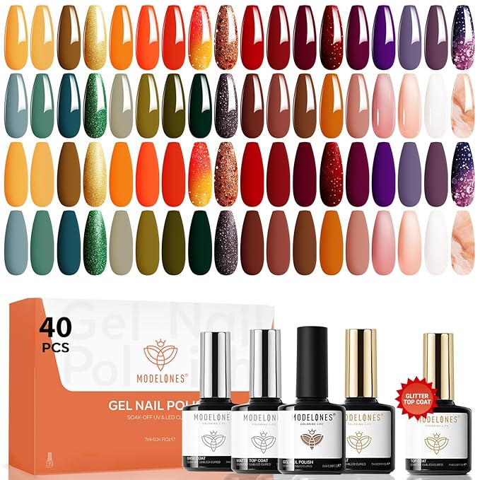 modelones 40 Pcs Gel Nail Polish Set, Nude Brown Green Red Purple Orange Gold Jelly White Colors Blooming Gel Polish Kit with Base Coat & Matte Glitter Glossy Top Coat DIY Mani Gfit