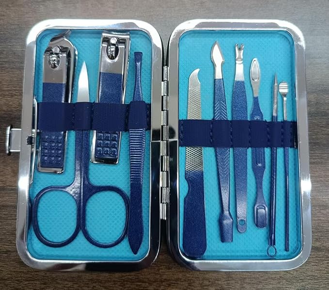 Beauty Nail kit Manicure Set, 10 Piece Nail Care Kit with Stainless Steel Tools, Light Blue Case .Unisex(Blue 10 Piece Set)
