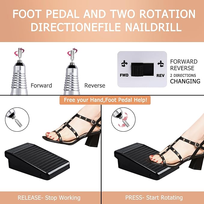 Portable Electric Nail Drill, 30000RPM Nail Drill with 6 NailDrill Bits and Sanding Bands, Nail File Kit for Acrylic, Gel Nails, Dip Powder, Manicure and Pedicure for Home Salon Use, Rose Gold