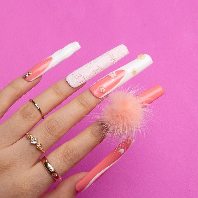 LOVFUL Press on Nails Pom Pom Love | Handmade with Full Covered Crystals | Reusable Fake Nails | Square | H93-L, pink