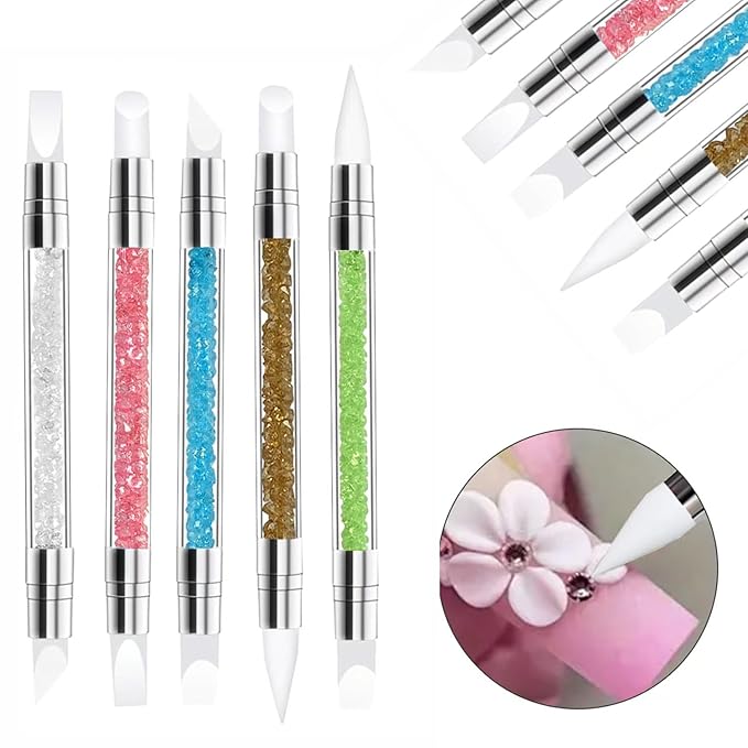 5Pcs Double-Ended Silicone Nail Art Brushes, Dual-Tip Dotting & Sculpting Tools for Gel Polish, 3D Nail Art, Shaping, Drawing, Embossing & Manicure Clean Up-Colorful