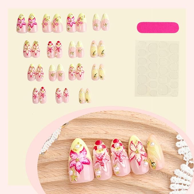 Press on Nails Long Almond Fake Nails Yellow French Artificial Nail 3D Embossed Flowers Rhinestones Charm Stick on Nail for Women 24pcs