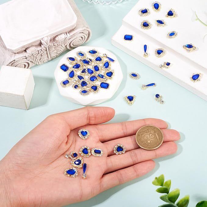 KISSITTY 48pcs Nail Art Rhinestones Flat Back Rhinestone Crystal Cabochons Blue Color Heart Teardrop Rectangle Shape Small Embellishments for Nail Art Craft Decoration Jewelry Making