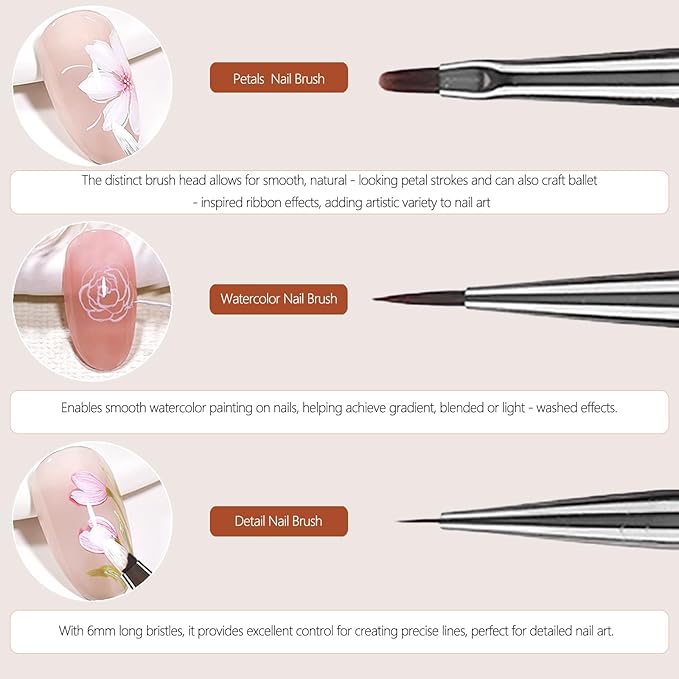 3Pcs Nail Art Brushes Set for Flower Petal Butterfly Drawing, 3D Gel Acrylic Nail Brush, Fine Liner Nails Design Tool, Professional Watercolor Painting Pen for Manicure DIY Salon