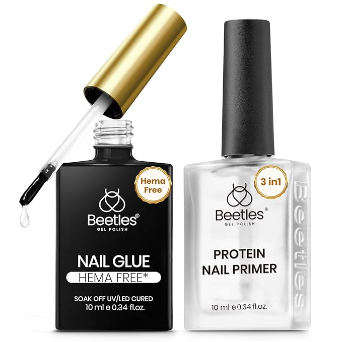 Beetles Hema-Free Nail Glue & Primer Set, 2Pcs 10ml TPO Free Super Strong 9 in 1 Nail Glue Gel and Bond Primer for Acrylic Fast Dry Supplies, Long-Lasting Professional Kit, U V Light Required