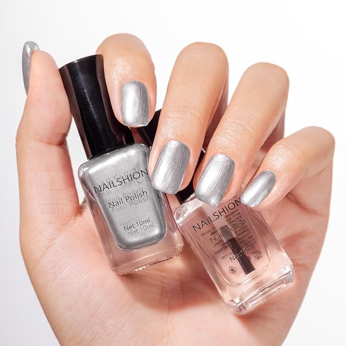 Metallic Silver Nail Polish with 3-In-1 Clear Base Top Coat Nail Strengthener Quick Dry Clear Nail Polish Duo, Opaque, Non-Gel, Vegan, Liquid Silver Glossy Chrome Nails Art