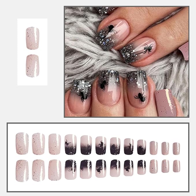 Halloween Press on Nails Medium Square French Tip Fake Nails Black Glitter Gradient Acrylic Nails with Spider Design Glossy Full Cover Glue on Nails Reusable Stick on Nails for Women 24 Pcs