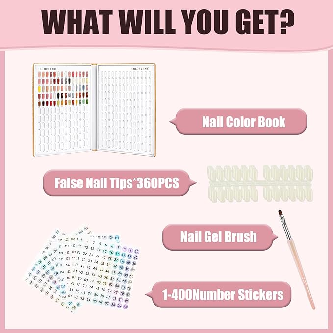 308 Nail Colors Chart with 360 Nail Tips Professional Nail Swatches Book Nail Gel Polish Display Card Book with Gel Nail Brush and Number Sticker for Nail Salons (Gold, one size)