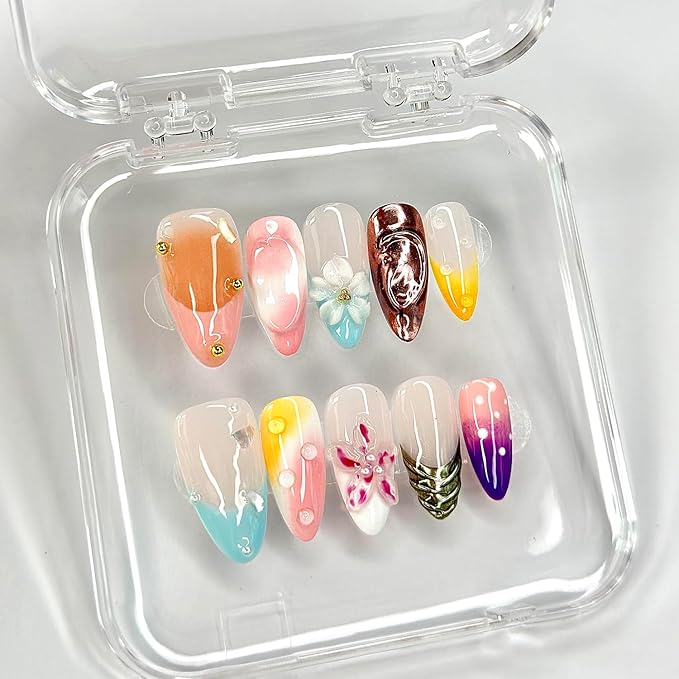 Luxury Press on Nails Medium Almond Handmade 3D Unique Reusable ABS Material Fake Nails Chrome French Tip False Nails with Designs Pearls Floral Art Petal Glossy Glue on Nails Thick Acrylic Nails(M)