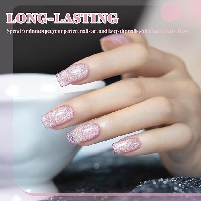 RARJSM Diamond Cat Eye Gel Nail Polish Set 6pcs Silver Pink Red Purple Blue Light Gold Glitter Sparkle Cateye Gelpolish with Magnet Stick Soak off Curing Requires Home Salon