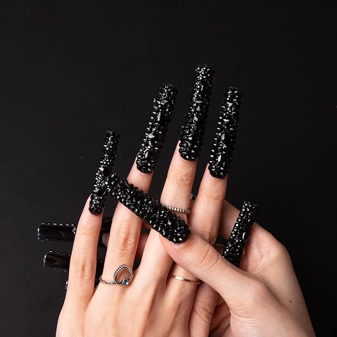 LOVFUL Press on Nails Classic Black Rhinestone| Handmade with Full Covered Crystals | Reusable Fake Nails | Square | H146-L, pink