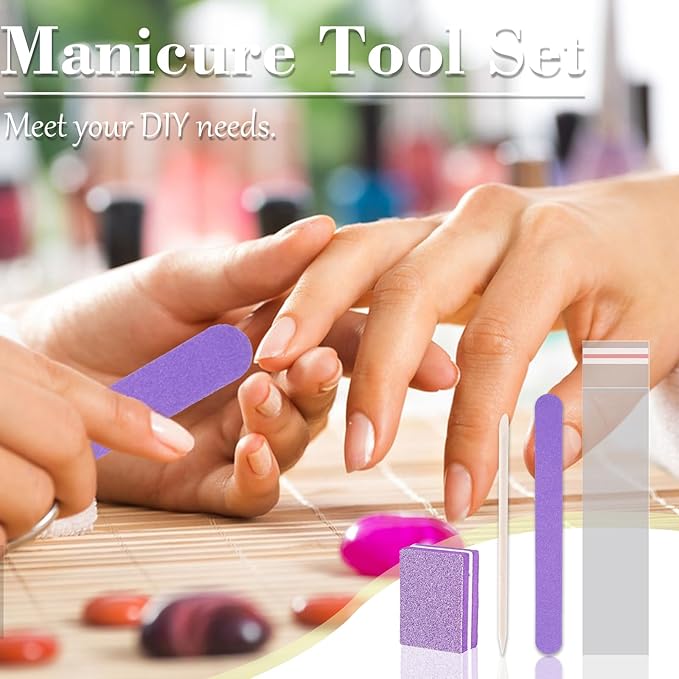 Disposable Manicure Kit - 50pc Mini Nail Buffer, Nail File, Wood Stick, OPP Bag, Press On Nail Tool Kit for Salon Home (Purple)