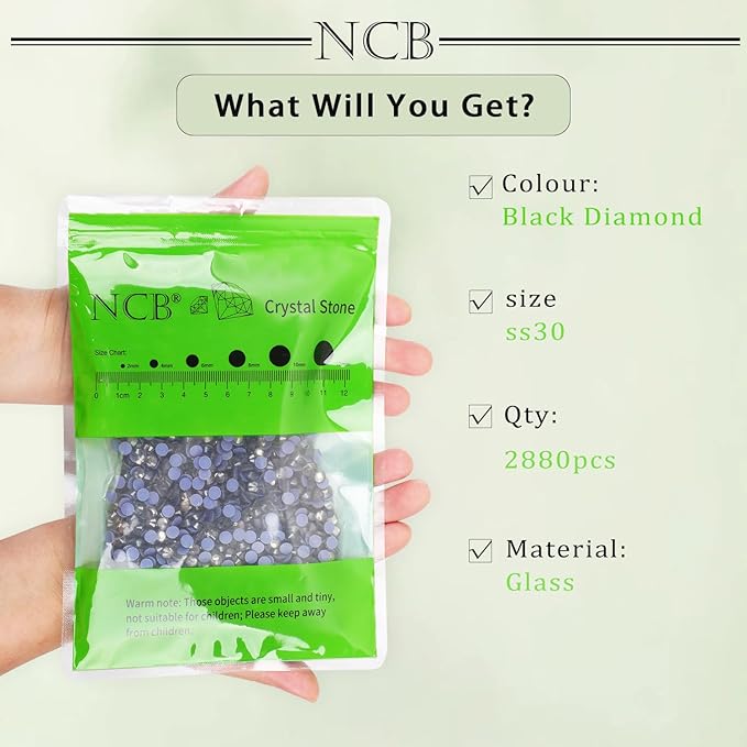 NCB 2880pcs Hotfix Crystal Rhinestones for Clothes Crafts, Hot Fix Bulk Flatback Crystals, Iron on Hotfix for DIY Decoration 20 Gross (Black Diamond, ss30/2880pcs)