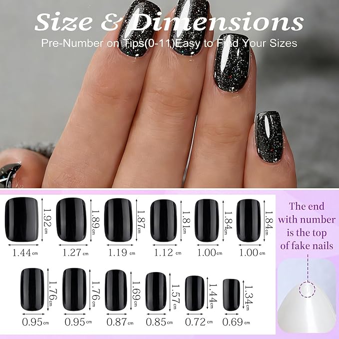 Black Press On Nails Square Glitter -Short Press On Nails with Nail Glue, Fit Perfectly & Natural Reusable Stick On Nails in 12 Sizes - 24PCS Soft Gel Glue On Nails Kit