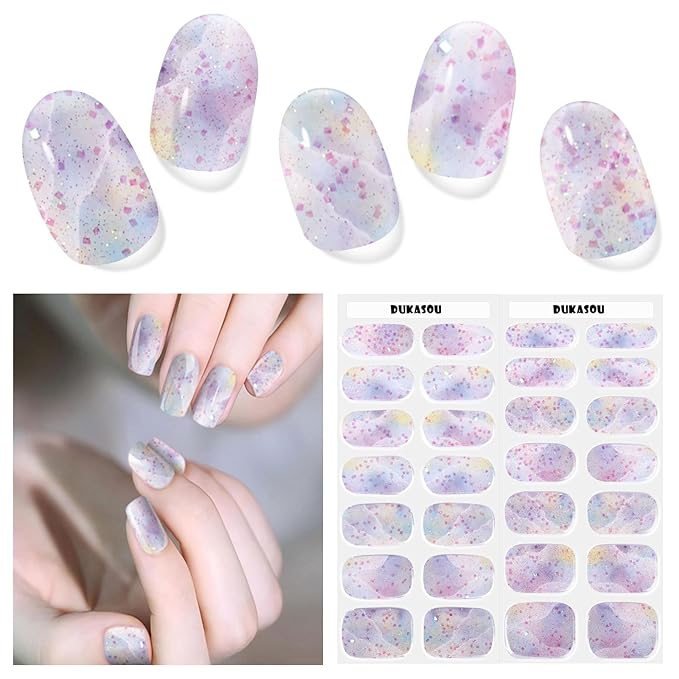 Semi Cured Gel Nail Strips, 28 pcs Nail Gel Stickers Work with Any UV Lights, Long-Lasting Nail Wraps, Stick on Nails for women Easy to Apply & Remove