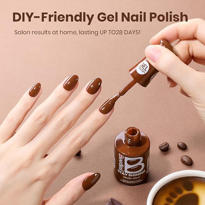 Beetles Brown Gel Nail Polish - Mocha Mood 15ML/0.51Fl Oz, Dark Brown Gel Polish, Same Color Same Bottle STAY SHINING Series, Soak Off UV LED Lamp Nails Art, Long-Lasting Manicure Salon DIY Home