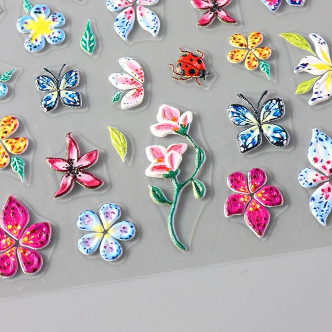 Stickers para Uñas Nail Stickers Self-Adhesive Sticker Colorful 3D Wild Flower Embossed Calcomanías para Uñas Floral Art Design Accessories Hight Quality 4 Sheets