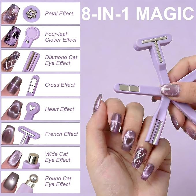8 in 1 Cat Eye Magnet, Nail Magnets for Cat Eye Gel Polish, Cat Eye Tools for Nails with Steel Ball, Multifunctional Nail Magnet for Nail Salon Home DIY (Purple)