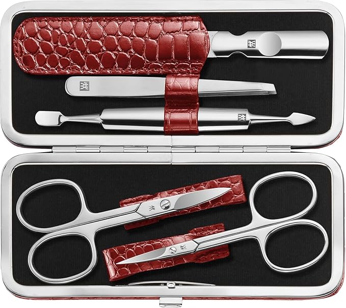 ZWILLING Beauty Classic INOX 5-Piece Manicure Set Pedicure Kit, Stainless Steel Nail Care, Cowhide, Crocodile Edition, Red