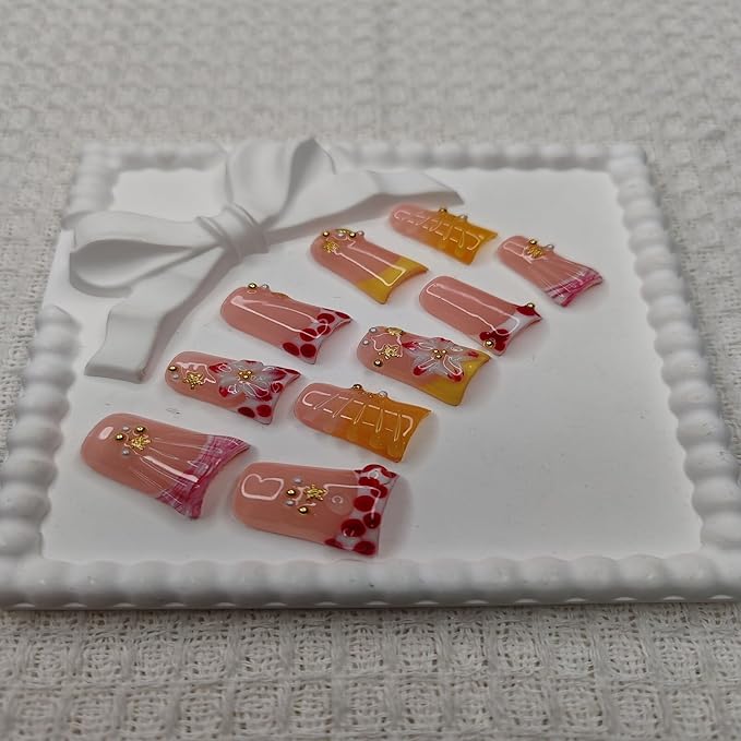 Handmade Nails Duckbill Shape Sweet Delicate Style Peach Pink Base Gold Accents 3D Floral Gradient Pattern Pearl & Star Decor Glossy Surface Manicure Wear Press on Nails 10 pcs (M)