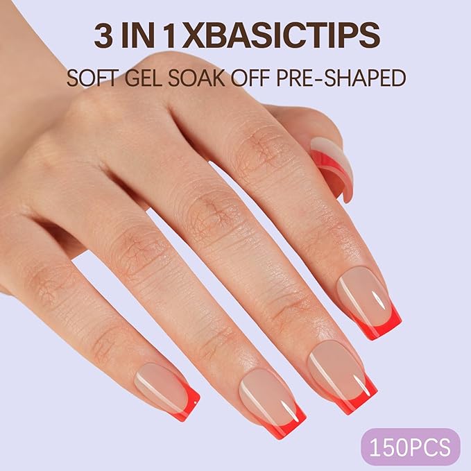 Misssix XBASICTIPS Red French Tip Press On Nails, 150Pcs French Gel Nail Tips Short Square, Soft Gel Pre-shaped No Need to File 3 in 1 Tips, Fake Nails for Nail Art DIY Extension Designs 15 Sizes