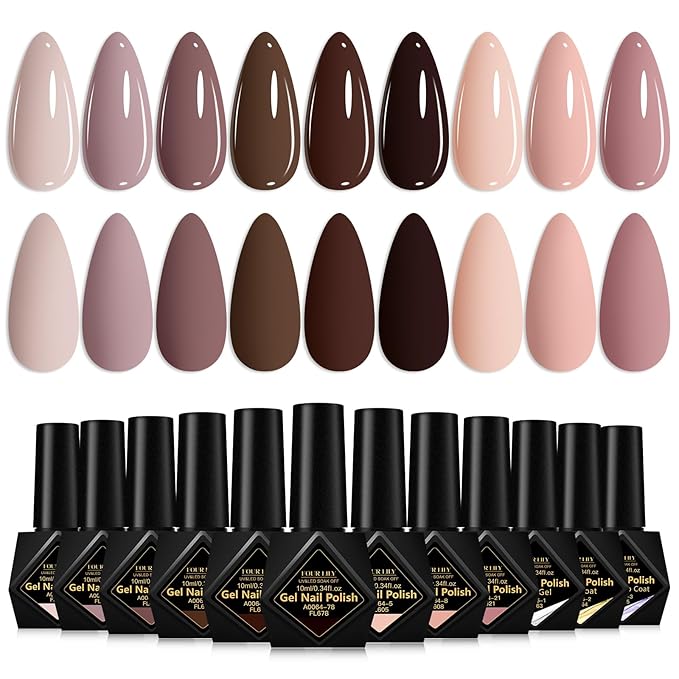 Gel Nail Polish Kit,12PCS Red Black Nude Pink Silvery Nail Polish Set,Suitable for All Seasons,Soak Off UV Nail Art Manicure Gifts for Women Girl DIY Salon Home