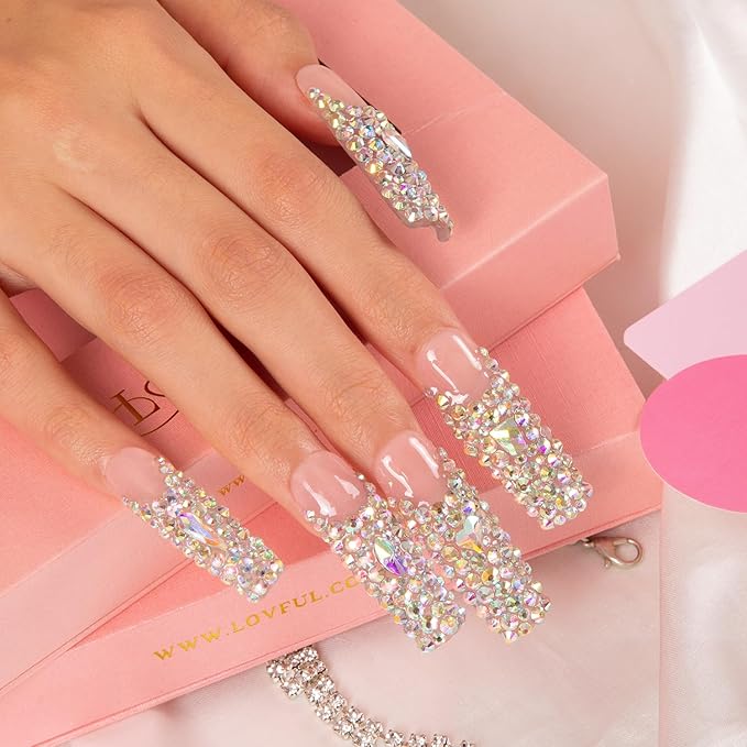 LOVFUL Press on Nails Angel's Tear Rhinestone | Handmade with Full Covered Crystals | Reusable Fake Nails | Square Mid length 1.7in | H48-S