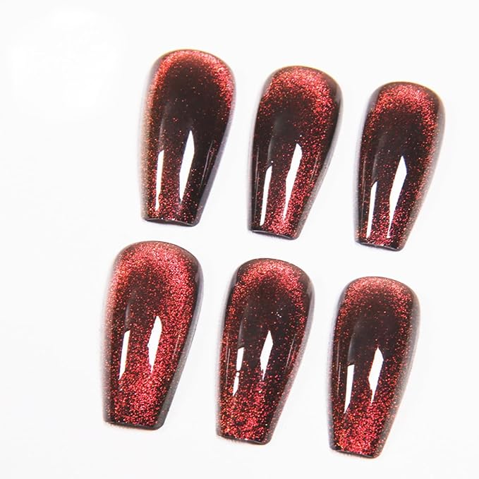 Press On Nails - Dark Maroon | Dark Red Glitter Velvet, Medium Coffin Squared With Cat Eye Design for Women and Girls, 24 Pcs Reusable Red Fake Nails