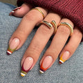 Striped French Press on Nails Medium Almond Fake Nails Fall Winter Nails Press ons with Design,Full Cover Stick on Nails for Women Manicure,Reusable | Artificial | Easy Apply | 24Pcs