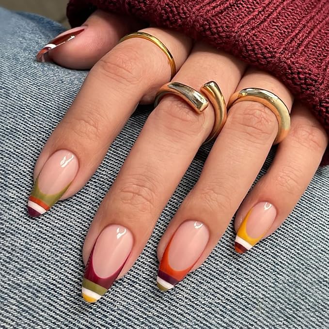 Striped French Press on Nails Medium Almond Fake Nails Fall Winter Nails Press ons with Design,Full Cover Stick on Nails for Women Manicure,Reusable | Artificial | Easy Apply | 24Pcs