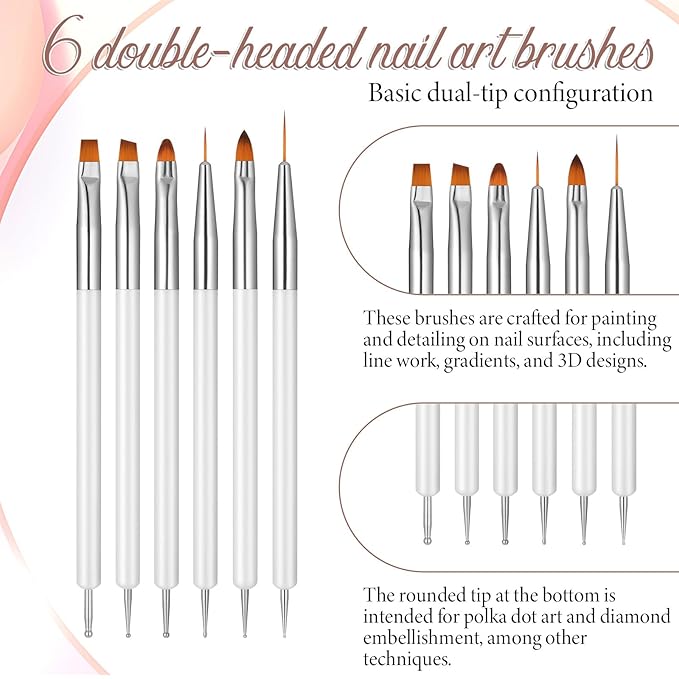 6Pcs Nail Art Brushes Nail Brush Pink Dotting Pen Painting Tools Double-ended Gel Polish Liner Brush Kit Small Detail Brushes for DIY Manicure