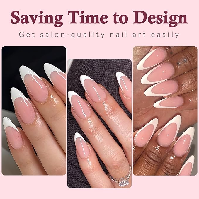 120PC White French Tip Press on Nails Medium Fake Nails Press ons with 5*Adhesive Tabs, Pink Almond Acrylic Nail Press on Nail French Tip Nails False Artificial Fingernails Stick on Nails-K