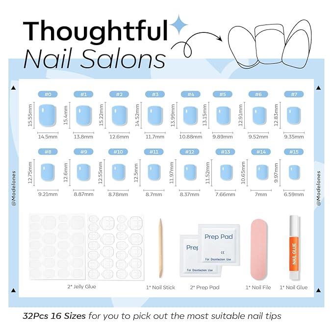 Modelones Extra Short Press on Nails, Squoval Fake Nails, Reusable Nail Kit with Nail Glue Adhesive Tabs Mini Nail File, Nails Press Ons 32Pcs 16 Sizes, Baby Blue, Spring Women Girl Gift