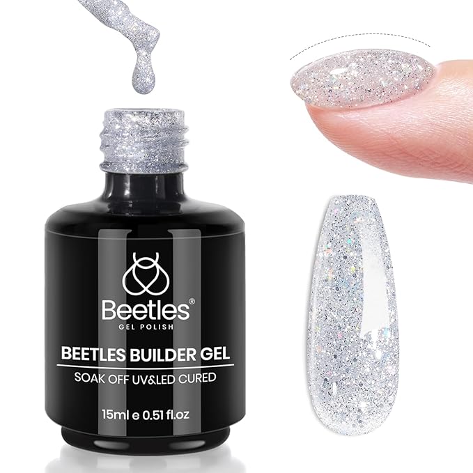 Beetles Builder Gel for Nails-Dusk Pact 0.5 oz 8 in 1 Nail Thickening Strengthening Building Apex for Beginner DIY Salon at Home, Silver Glitter Builder Nail Gel,UV & LED Lamp Needed