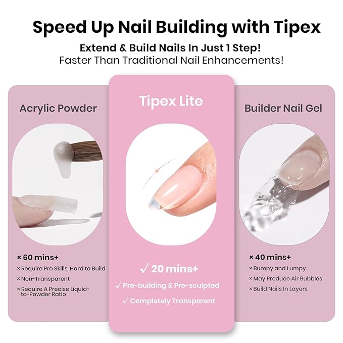 Beetles Tipex Lite Instant Apex Nail Tips, Short Almond, 16 Sizes | 00–14, Built-in Apex Acrylic Tips for Flat & Natural Nail Beds, Beginner-Friendly Easy DIY Nail Extensions