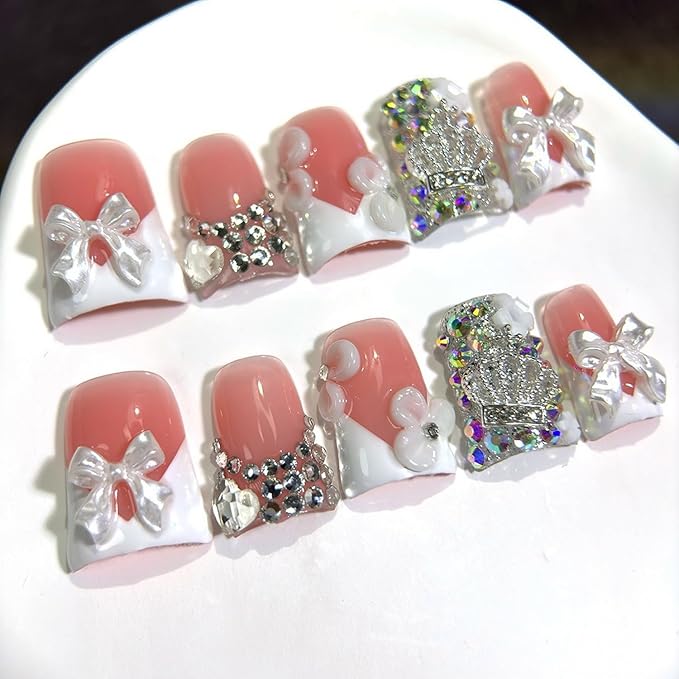 Handmade Press on Nails Rhinestones and Bow Press on Nails Short Duck Shaped Fake Nail White French Acrylic Nails Full Cover Reusable Flower False Nail for Women Girls Nail Accessories (Size M)