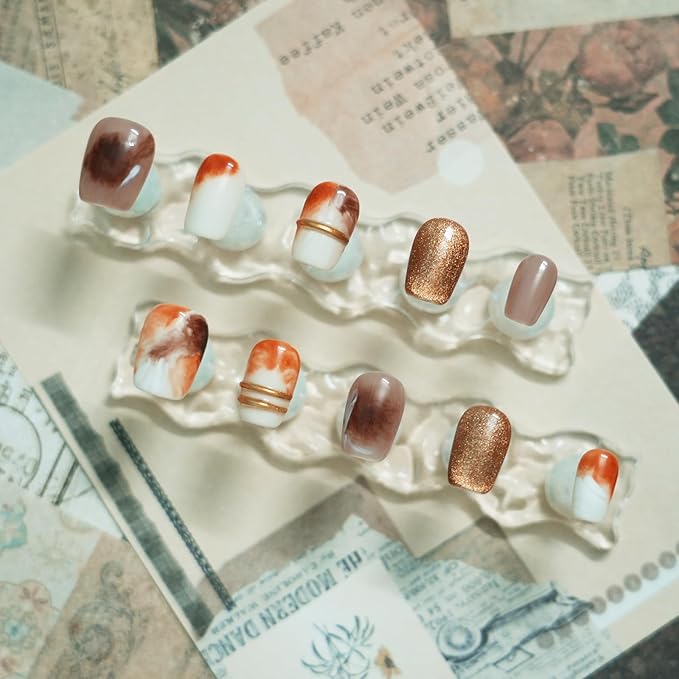 Brown Press on Nails Extra Short Coffin Nails, Handmade 3D Gold Lines & Marble Watercolor Ombre Design Glitter Artificial Luxury Acrylic Nail Set (Vintage Gold-Brown,M)