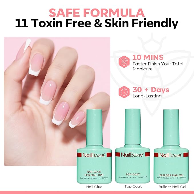 Modelones Gel Nail Kit, Top Coat, Nail Builder Gel and Nail Glue for Nail Tips, Press On Nails Kit with LED Light, 150 PCS Long Pink Square, 15 Sizes French Tip Press on Nails