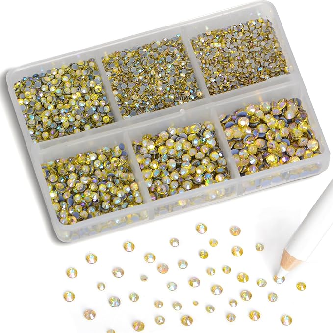 8000pcs Hotfix Rhinestones Flatback,Rhinestones for Crafts Clothes Mixed 6 Sizes, Hotfix Crystals with Wax Pencil Kit, SS3-SS12,Citrine AB