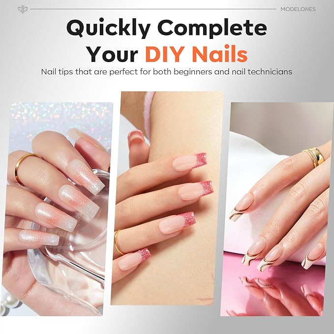modelones Pro Luxe Instant Nail Apex Tips, Medium Square Extension Gel Tips Pre-building & Pre-etched Thicker Strength Acrylic Fake Nails Full Cover 15 Sizes