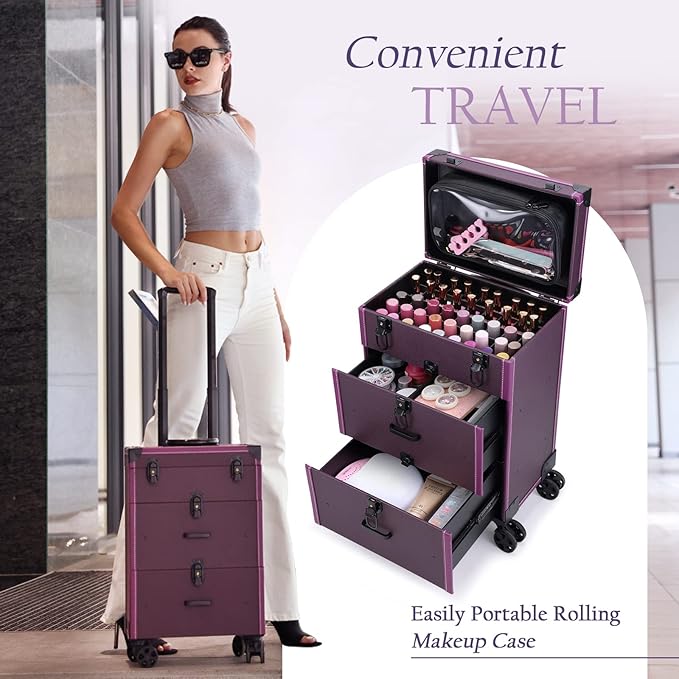 FRENESSA Rolling Nail Case Wheeled Manicure Storage Case Polish Organizer Professional Makeup Trolley for Studio or Travelling Nail Technician Artists Cosmetologist Stylist - Vegan Leather
